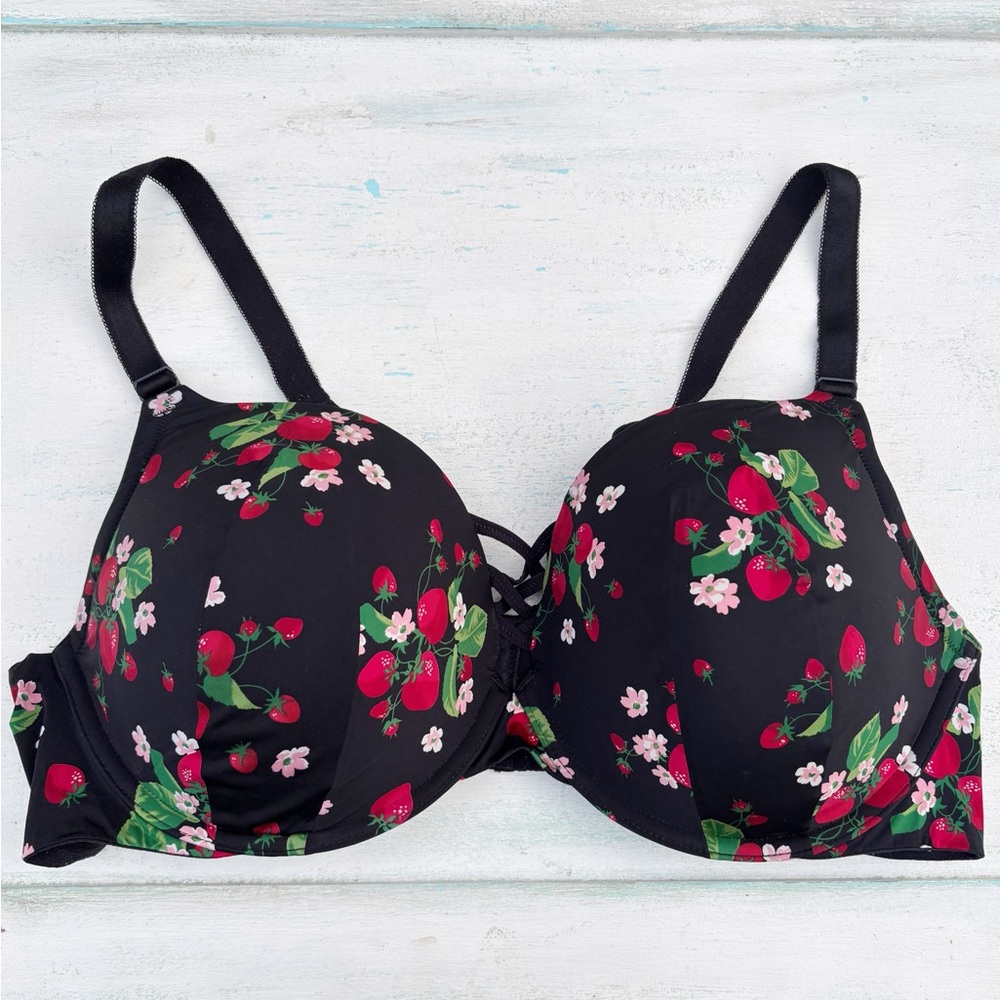Women's Torrid Curve Bra Plunge Push Up 360 Strawberries Black 44D